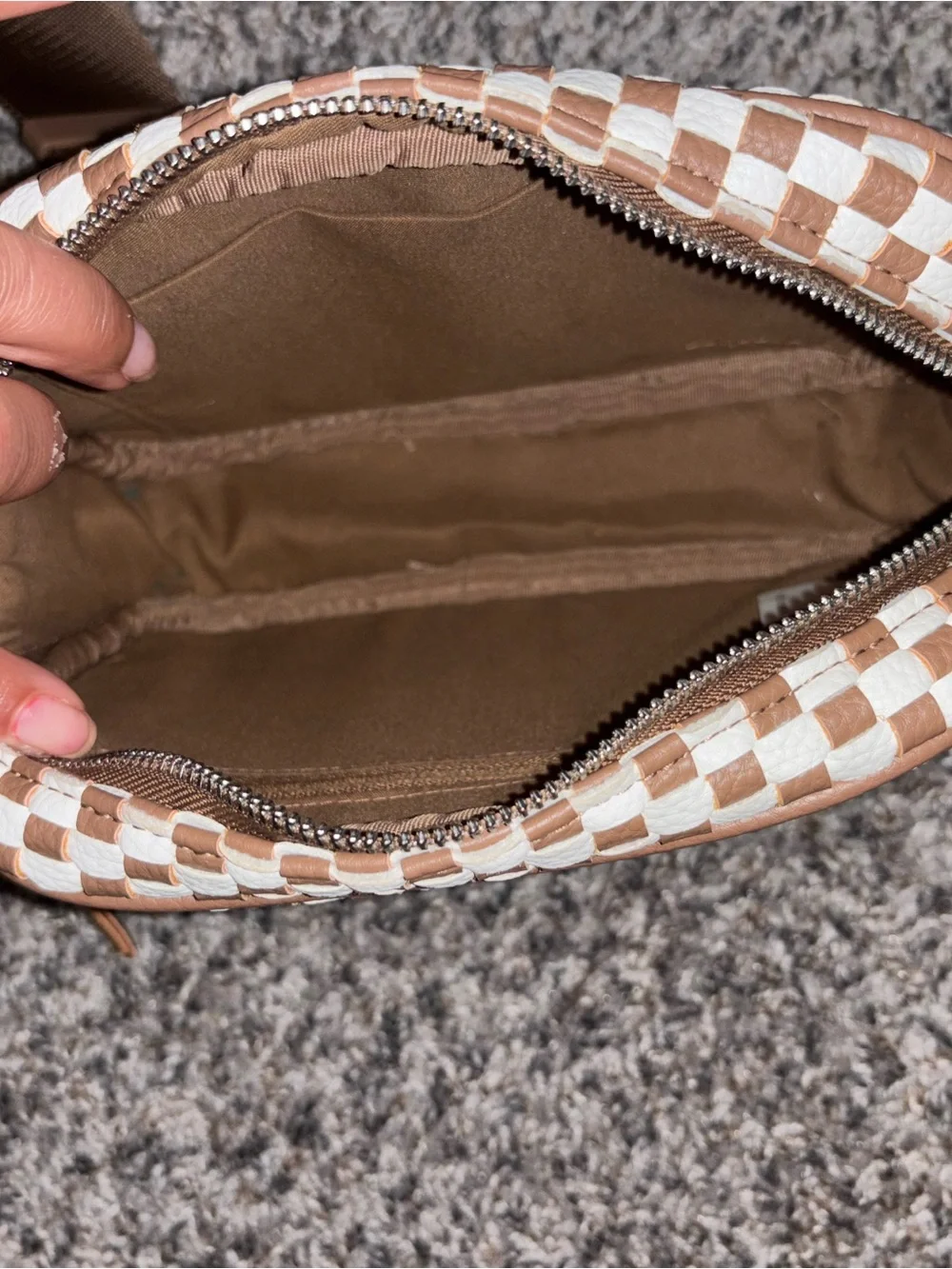 Women’s Checker Crossbody Bag in Brown and White with Adjustable Strap